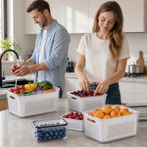 HOMETALL 8 Pack Fruit Storage Containers for Fridge with Strainer, BPA Free Fruit Cleaning Bowl Fridge Organizer, Plastic Fresh Keeper Set Refrigerator Organizer for Salad Berry Produce - size: 8PCS