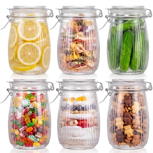32 oz Glass Mason Jars with Airtight Lid 6 Pack, Wide Mouth Striped Canning Jars with Clip Top Lids for Kitchen Storage Pickling Snack, Nut, Candy, Salad Jams Coffee Beans - size: 32oz