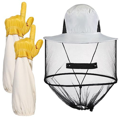 Xuhal Bee Keeping Hats and Gloves Includes Thick Goatskin Leather Bee Gloves with Ventilated Sleeves and Bee Keeper Fencing Veil Mosquito Hats Sun Hat with Hidden Net Mesh Mask