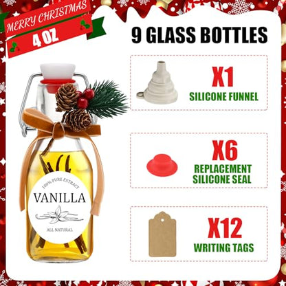 Sieral 9 Sets Vanilla Extract Bottles Clear Swing Top Glass Bottles for Gift Giving Homemade Vanilla Extract Jar Funnel Rope Labels for New Year Brewing Oil Beer Tea DIY Supply(Round Stickers,4 oz) - size: 4 oz, style: Round Stickers