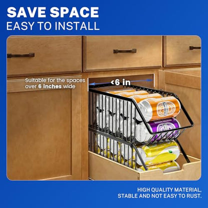 Stackable Soda Can Organizer Rack, Stacking Can Dispensers Refrigerator Organizer Bins Pop Soda Dispenser Canned For Fridge, Freezer, Kitchen, Cabinets (Black, 6)