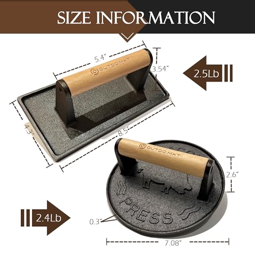 Cast Iron 7" & 8.5" X 4.3" Smash Burger Press, Heavy Duty Burger Smasher with Wooden Handle and Silicone Protective Cover for Griddle,Grill Press for Hamburger, Bacon, Barbecue Grilling Tool - size: Cast Iron Round & Rectangle
