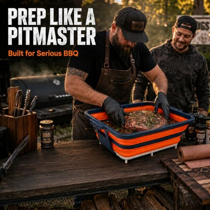 Collapsible BBQ Prep Tub with Convertible Cutting Board Design & Serving Lid – XL Brine Container & Meat Prep System for Brisket, Smoking, Grilling, Camping & Tailgating