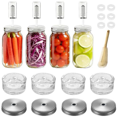 Klemon Fermentation Kit for Wide Mouth Mason fermentation Jar,Pickle sauerkraut Kit,4 Fermentation Lids,4 Glass Fermentation Weights,1Wooden Brush Cleaner(Jars Not Included)
