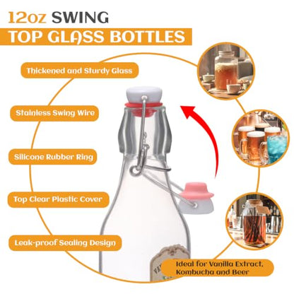 Alotpower 12 Pack 12oz Square Swing Top Glass Bottles with Airtight Lids | Flip Top Glass Bottles for Vanilla Extract,Home Brewing,Kombucha,Vinegar,beer, oda,beverages - Included Complete Brewing Kit - color: 12pack, size: 12 Ounces