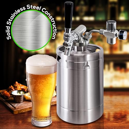 NutriChef Pressurized Beer Mini Keg System, 64oz Stainless Steel Growler Tap, Portable Mini Keg Dispenser Kegerator Kit, Co2 Pressure Regulator Keeps Carbonation for Craft Beer, Draft and Homebrew