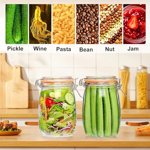 32 oz Wide Mouth Mason Jars with Airtight Hinged Lids, Large Glass Jar with Lid for Pickling, Fermentation, Canning, Food Storage – Set of 4 Glass Storage Containers