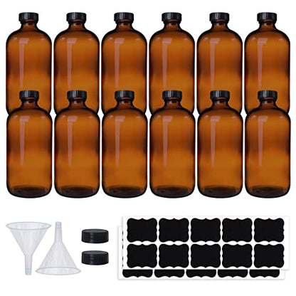 12 Pack 16 oz Amber Boston Round Glass Bottles with Black Caps for Secondary Kombucha Fermentation and Lab Chemicals (2 Funnels and 20 Pieces Black Chalkboard Labels Included)