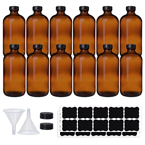 12 Pack 16 oz Amber Boston Round Glass Bottles with Black Caps for Secondary Kombucha Fermentation and Lab Chemicals (2 Funnels and 20 Pieces Black Chalkboard Labels Included)