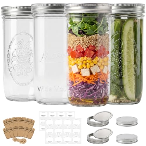 CycleMore 24oz Embossed Glass Mason Jars – Set of 4 | Vintage Style Canning Jars With One-Piece & Stainless Steel Split Lids, BPA-Free & Durable. Dishwasher Safe. Non-Slip Grip. - size: 24oz Wide Mouth - 4 Pcs