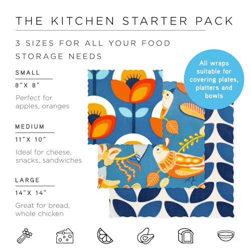 Honeybee Beeswax Wraps - Kitchen Starter Pack - Certified Organic Cotton Beeswax Wrap - Reusable Beeswax Wraps for Food - Plastic Wrap & Sandwich Bags Alternative - 3 Pack - Small, Medium & Large