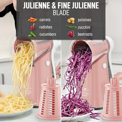 Zulay Kitchen Rotary Cheese Grater 5 Blade Cheese Shredder - Manual Hand Crank Cheese Grater With Reinforced Suction & 5 Interchangeable Drums - Easy to Use, Vegetable Chopper Round Mandoline Slicer - color: Peach & White
