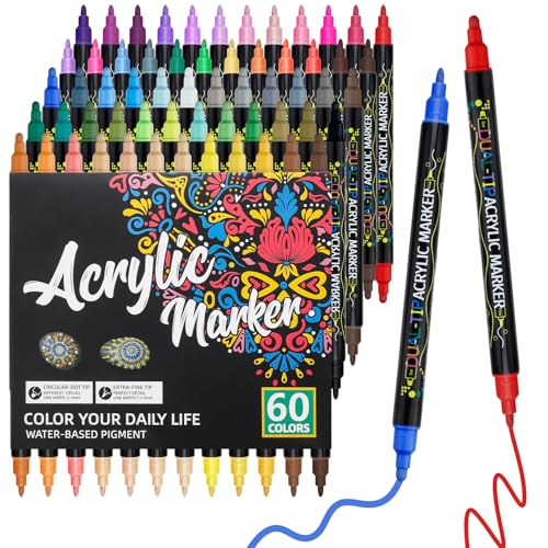 Craiiby 60 Colors Dual Tip Acrylic Paint Pens, Fine Tip & Dot Tip Acrylic Paint Markers, Water-Based Permanent Paint Pens for Rock Painting, Canvas, Glass, Ceramic, Wood, DIY Craft Art Supplies - color: 60 Colors Dual Tip Acrylic Paint Markers