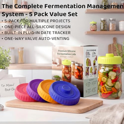 Fermentation Lids, Self-Burping Airlock Lids for Wide Mouth Mason Jars (86mm)|Heavy-Duty 100% Silicone, One-Piece Seamless Hygienic Design|Upgrade Your Jar for Sauerkraut & Kimchi (5-Pack Rainbow) - style: 5 Pack - Wide Mouth