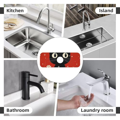 Kitchen Sink Faucet Mat Splash Guard, Christmas Black Cat Red Flowers Snow Super Absorbent Drying Mat, Non-Slip Drain Pad for Bathroom Counter - color: Black Cat Red Flowers Snow