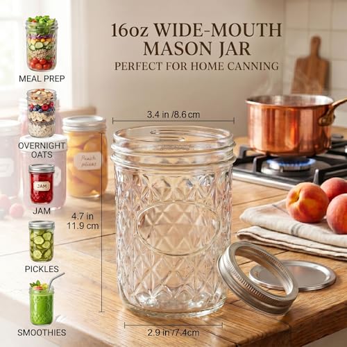 Canning Supplies Starter Kit – 12x 16oz Pint Mason Jars with Wide Mouth Funnel, Jar Lifter, Tongs, Jar Wrench – Complete Canner Tools for Jam, Pickling, Water Bath and Pressure Canning