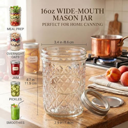 Canning Supplies Starter Kit – 12x 16oz Pint Mason Jars with Wide Mouth Funnel, Jar Lifter, Tongs, Jar Wrench – Complete Canner Tools for Jam, Pickling, Water Bath and Pressure Canning