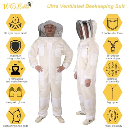 Ventilated Bee Suit,3 Layer Sting-Proof Beekeeping Suit for Men & Women with Gloves & 2 Beekeeping Veils for Beekeepers-Large - size: Large