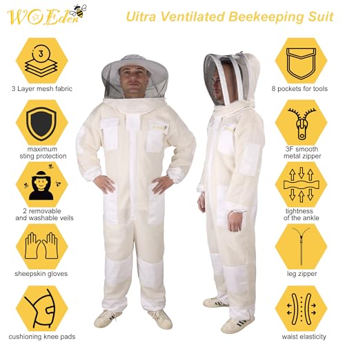 Ventilated Bee Suit, 3 Layer Sting-Proof Beekeeping Suit Beekeeper Suit for Men & Women with Gloves & 2 Beekeeping Veils for Beekeepers - S - size: Small