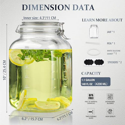 Folinstall 1 Gallon Square Super Wide-Mouth Glass Jars with Airtight Lids, Glass Storage Jars with 2 Measurement Mark, Sturdy Canning Jars with Large Capacity 4100 ML For Overnight Oats