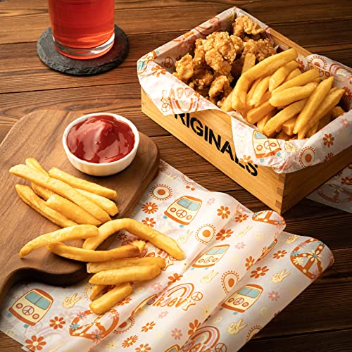 100 Pcs Hippie Wax Paper Sheets - Food Sandwich Wrap Paper Deli Wraps, Waterproof Oil-proof Picnic Basket Liners with Flower Pattern - color: Hippie