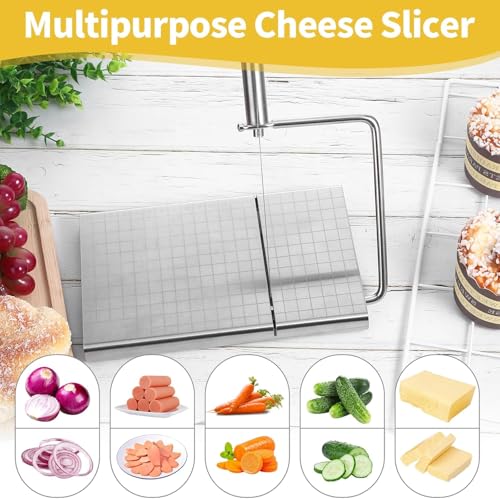 Cheese Slicer with Measuring Grids, Stainless Steel Metal Cheese Cutter and Cutting Board for Block Cheese, with 5 Replacement Extra Wires, Easy to Clean, Dishwasher Safe