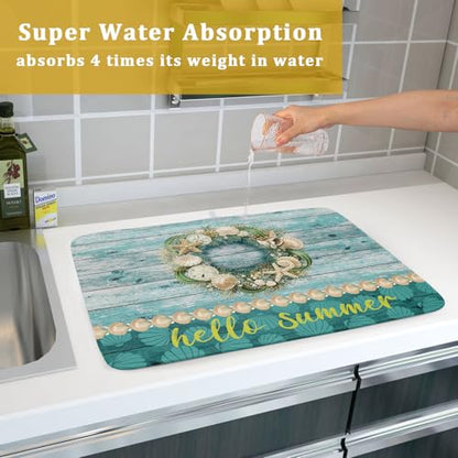 Hello Summer Dish Drying Mat for Kitchen Counter,Sea Shell Starfish Coastal Wreath Drying Mat 18 x 24 Inch with Absorbent Reversible Microfiber Drying Pad for Coffee Bar - size: 18" x 24"