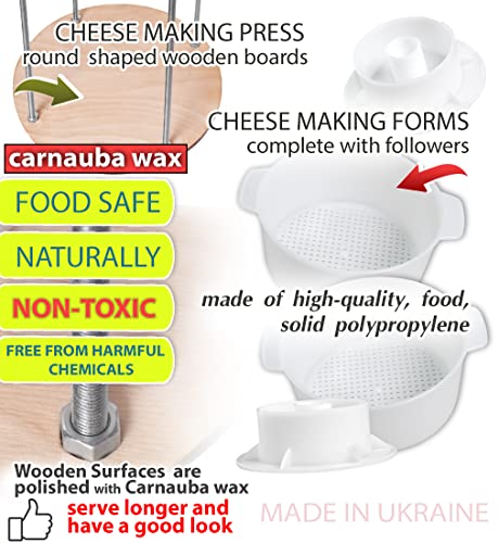 Wooden cheese press diameter 11.2 in and 2 cheese making forms 45 oz Pressure up to 50 Pounds colorless