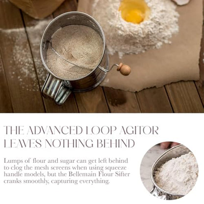 Bellemain 3 Cup Flour Sifter for Baking Fine Mesh Rotary Hand Crank with Loop Agitator for Quick Sifting, Flour Sifter Stainless Steel - size: 3 Cup