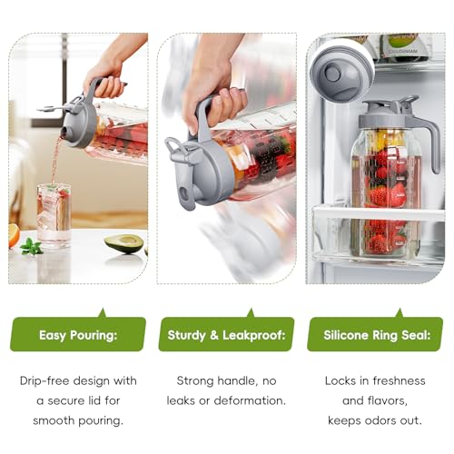 JunVpic Glass Mason Jar Pitcher, 64oz (2 Quart) Wide Mouth Jug with Dual Leak-Proof Pour Spout, Handle Lid for Fruit Drinks, Cold Brew Coffee, Ice Beverage, Iced Juice, Lemonade, Sun Tea Container - color: Light Gray, size: 64 Ounces