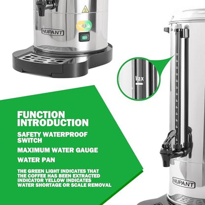 NUPANT Commercial Coffee Urn 100 Cup/15L Coffee Dispenser with Upgraded Percolator, 304 Stainless Steel Hot Water Urn Beverage Dispenser with Keep Warm Mode, Large Coffee Maker for Catering Party