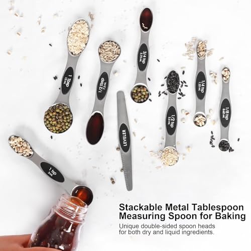 Magnetic Measuring Spoons Set Stainless Steel with Leveler, Stackable Metal Tablespoon Measure Spoon for Baking, Cups and Spoon Set Kitchen Gadgets Apartment Essentials Fits in Spice Jars - color: Silver