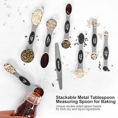 Magnetic Measuring Spoons Set Stainless Steel with Leveler, Stackable Metal Tablespoon Measure Spoon for Baking, Cups and Spoon Set Kitchen Gadgets Apartment Essentials Fits in Spice Jars - color: Silver