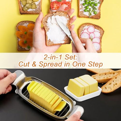 Stainless Steel Butter Slicer Cutter with 2 Butter Knives – Hand Held Ergonomic Butter Cutter for Stick Butter & Soft Cheese, 3 in 1 Easy Butter Spreader Knife for Cold Butter Slicing & Spreading - color: Silver Gray ( with 2 Butter Knives)
