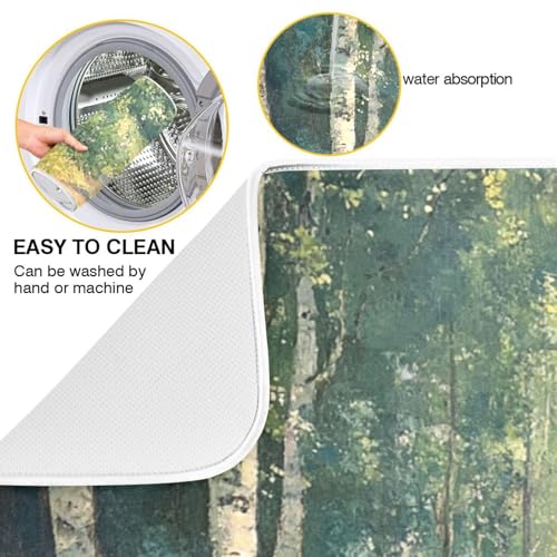 Birch Trees Path Dish Drying Mat for Kitchen Counter Super Absorbent Draining Mat with Non-slip Backed Drainer Mat for Dish Bottles Cups Bowl Draining Racks Countertops Sinks