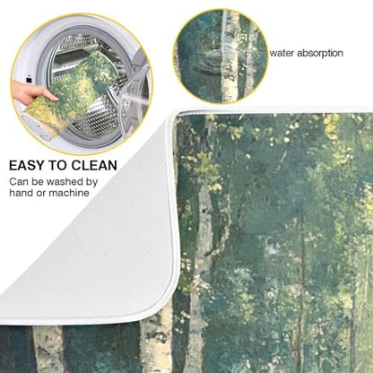 Birch Trees Path Dish Drying Mat for Kitchen Counter Super Absorbent Draining Mat with Non-slip Backed Drainer Mat for Dish Bottles Cups Bowl Draining Racks Countertops Sinks