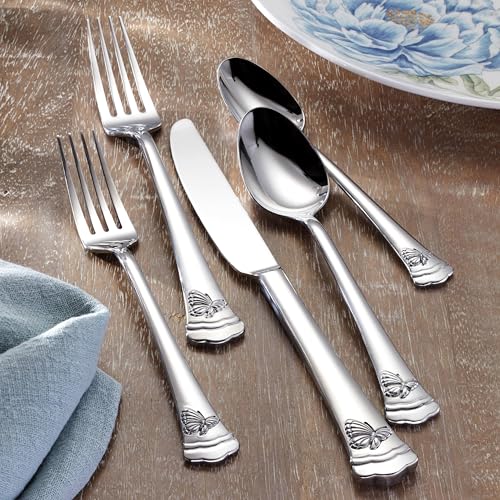 Lenox Silverware Set, Butterfly Meadow II Mirror 65-Piece Flatware Set, Service For 12, 18/10 Stainless Steel, Dishwasher Safe, Cutlery Sets, Utensils Sets, Knives Spoons & Forks (Silver, 65 Pieces) - style: 65-Piece Flatware Set