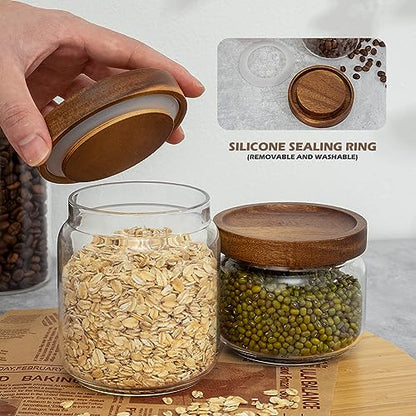 1 PC Small Glass Storage Jars with Airtight Lids, 17 fl oz (500ml) coffee container with Wooden Lid, Glass Pantry Canister for Beans, Rice, Sugar and etc - color: clear-（1PC，17FL OZ/500ML）