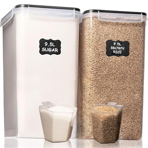 Shazo 2 PC (9.5L | 321 Oz) Extra Large Bulk Food Storage Containers with Airtight Lids for Flour, Sugar, Rice, Cereal & Pasta - Leakproof, BPA-Free Plastic Canisters for Kitchen & Pantry Organization - color: Black