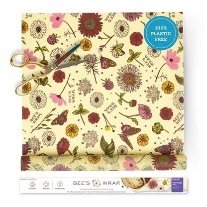 Bee's Wrap Vegan Beeswax Wraps for Food - Cut to Size 14x52" Beeswax Wrap Roll - Plastic Free Made in USA Reusable Natural Food Wrap - Meadow Magic