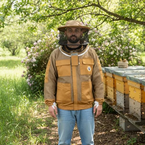 Beekeeping Jacket with Veil 3-Layer Ultra Ventilated 2 Veil Options (Fencing & Round) YKK Zippers Full Protection Suit Carrying Bag (BP-302-Brown)-XL - color: Brown 2 Veils, size: XL