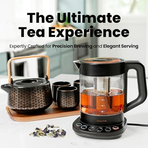 Viante Luxury Tea Set, Electric Kettle With Infuser, Gift for Tea Lovers | Borosilicate glass body plus ceramic teapot, 4 ceramic cups & bamboo tray. No plastic ever touches your water - style: Black with Tea Set