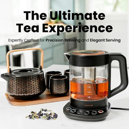 Viante Luxury Tea Set, Electric Kettle With Infuser, Gift for Tea Lovers | Borosilicate glass body plus ceramic teapot, 4 ceramic cups & bamboo tray. No plastic ever touches your water - style: Black with Tea Set