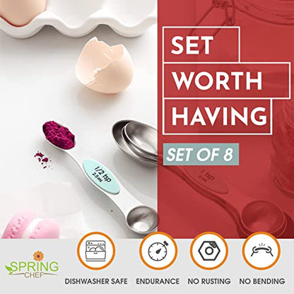 Spring Chef Stainless Steel Magnetic Measuring Spoons Set of 8 with Leveler, Nesting Metal Teaspoon & Tablespoon Measuring Spoons, Kitchen Gadgets for Baking & Cooking, Fits in Spice Jars - Mint - color: Mint, size: 1-Pack