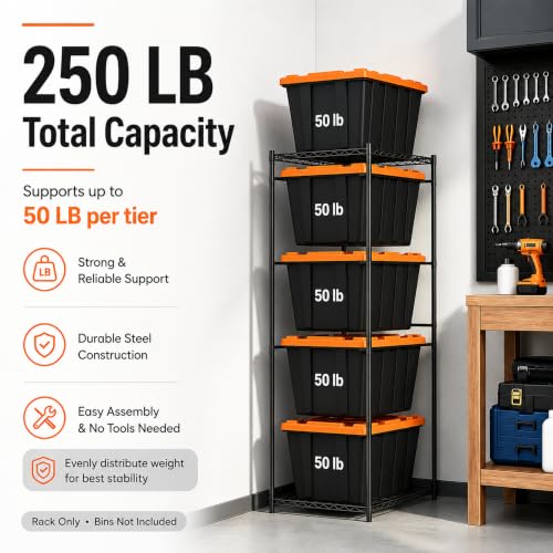 5-Tier Tote Storage Rack for 27 Gallon Bins, Metal Storage Bin Rack Organizer System, Wire Storage Shelving Unit for 18-20.6" Lid Width Totes, 250 lb Capacity, Garage Pantry Basement, Rack Only (1)