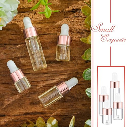 Didaey 100 Pcs 1/2/3/5/10/15 ml Mini Glass Oil Dropper Bottle Bulk, Clear Essential Small Empty Bottles Sample Containers Perfume Liquid Vials with Cap for Traveling (1ml,2ml,3ml,5ml,Rose Gold) - color: Rose Gold, size: 1ml, 2ml, 3ml, 5ml