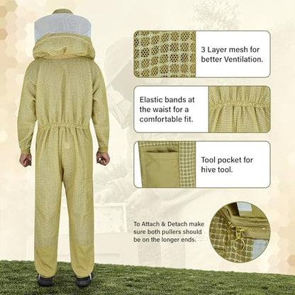 3-Layer Ultra Ventilated Mesh Beekeeping Suit for Men & Women with Veil Sting-Proof Bee Suit with Leather Gloves & Bag - color: Brown, size: X-Small