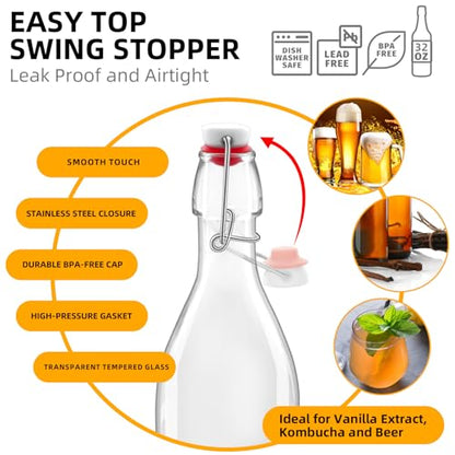 3 Pack 32oz Square Swing Top Glass Bottles, 1000ML Bottles with Airtight Stoppers for Kombucha, Kefir, Vanilla Extract, Beer(Bonus Gaskets, Labels and Funnel)