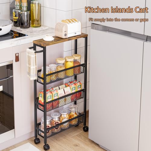 AZERPIAN Slim Rolling Cart 4 Tier Narrow Storage Cart on Wheels with MDF Board Top and Metal Handle for Small Space Kitchen Living Room Home Office Pantry Bathroom Laundry Room(16.54×5.12×30.31 inch) - size: 16.54 x 5.12 x 30.31 inch