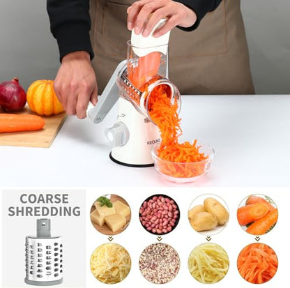 Cambom Rotary Cheese Grater Hand Crank Cheese Shredder for Fresh Cheese, Vegetable, Nuts,Non-slip Suction Base,Three Blades,White - color: White, size: 3 BLADES